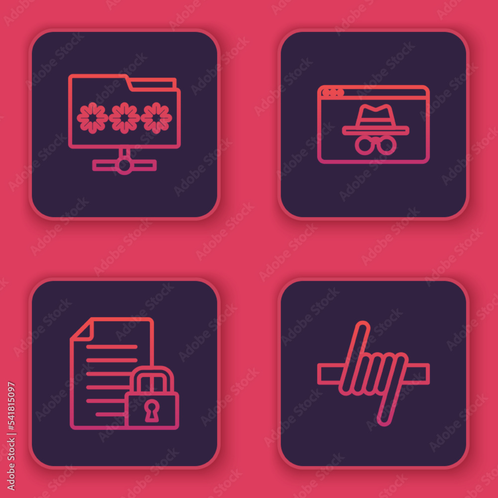 Poster set line folder with password, document and lock, browser incognito window and barbed wire. blue squ
