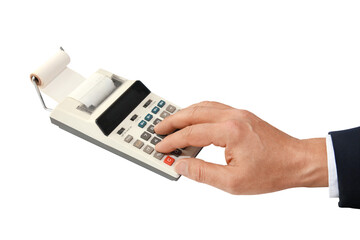 Gesture series: man operating desk calculator.