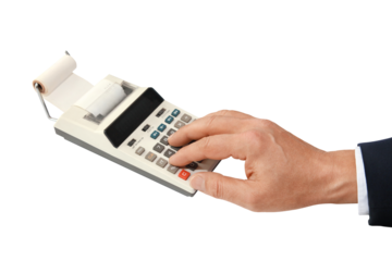 Gesture series: man operating desk calculator.