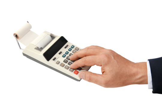 Gesture series: man operating desk calculator.