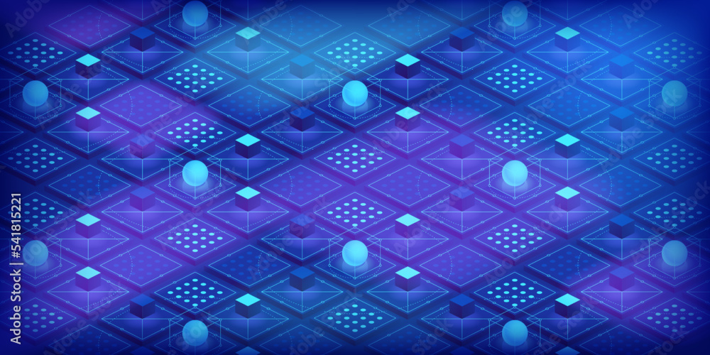 Poster abstract technology background. blockchain concept banner. isometric digital blocks connection with 