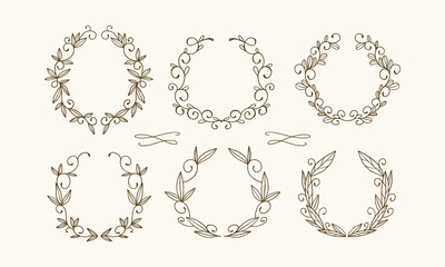 Set of elegant frames for text in natural style. Round frames with swirls in doodle style. Vintage patterns for text decoration.