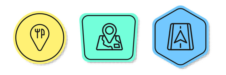 Set line Cafe and restaurant location, Folded map with marker and City navigation. Colored shapes. Vector