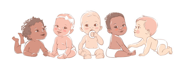 Multicultural group of cute little little baby boys and baby girls in a diapers sitting on a white. Active baby of 3-12 months. First year baby development. Newborn crawling and smiling. - 541815294