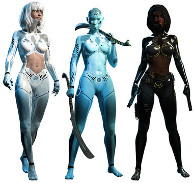 Female androids or cyborgs 3D illustrations	