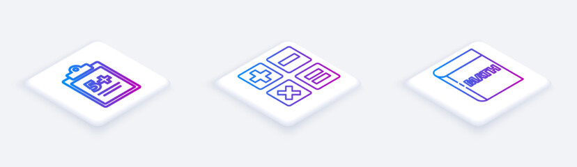 Set Isometric line Mathematics function sine, Feather and inkwell and Triangle math. White square button. Vector