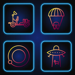 Set line Planet, Satellites orbiting the planet Earth, Mars rover and Planet Saturn. Gradient color icons. Vector