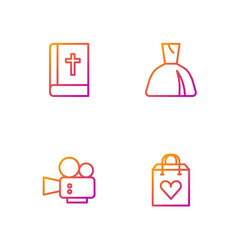 Set line Shopping bag with heart, Cinema camera, Holy bible book and Woman dress. Gradient color icons. Vector