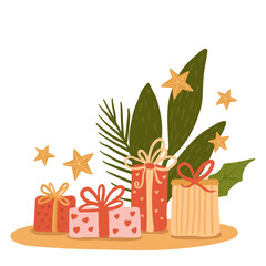 Gifts with bows and golden stars. Flat illustration with gift boxes. Cute postcard with gifts.