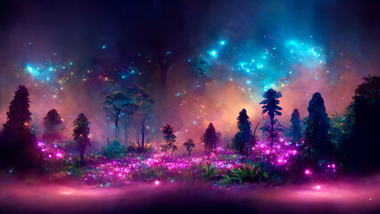 Colorful bioluminescence plants in forest in the night with galaxy and stars in the sky, display background