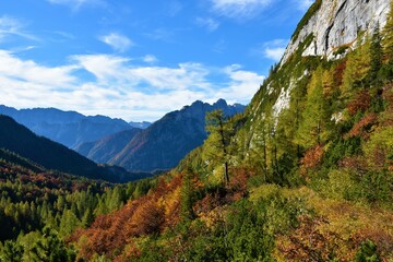 Fototapeta na wymiar View of mountains above Trenta valley from Vrsic mountain pass in Julian alps, Slovenia in autumn