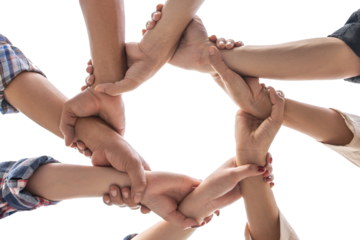 under view friendship People partnership teamwork crossed hands finishing up meeting show unity on white background , Business partner  teamwork concept