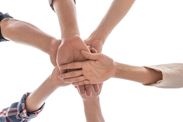under view friendship People partnership teamwork  stacking hands on white background , Business ...