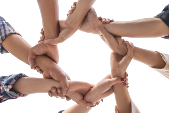 under view friendship People partnership teamwork crossed hands finishing up meeting show unity on white background , Business partner  teamwork concept - Powered by Adobe