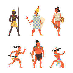 Armed Native People of African and American Aboriginal Tribes with Spear and Bludgeon Vector Set