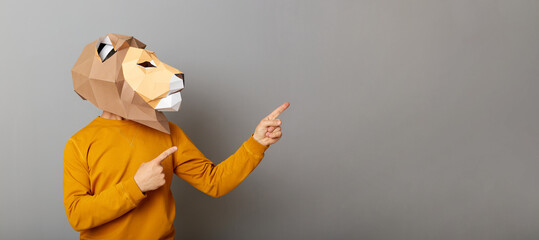 Horizontal shot of male wearing lion mask and orange sweatshirt posing isolated over gray background, pointing both index aside at copy space for advertisement or promotion.