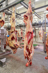 Fototapeta na wymiar Closeup view of beef carcasses.
