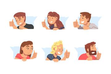 People Characters Leaving Positive Review Online Showing Adoration with Thumb Up in Speech Bubble Vector Set