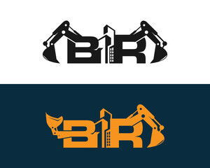 Letter BR Building With Excavator and skid steer Logo Design Concept. Creative Excavators, Construction Machinery Special Equipment Vector Illustration. - obrazy, fototapety, plakaty