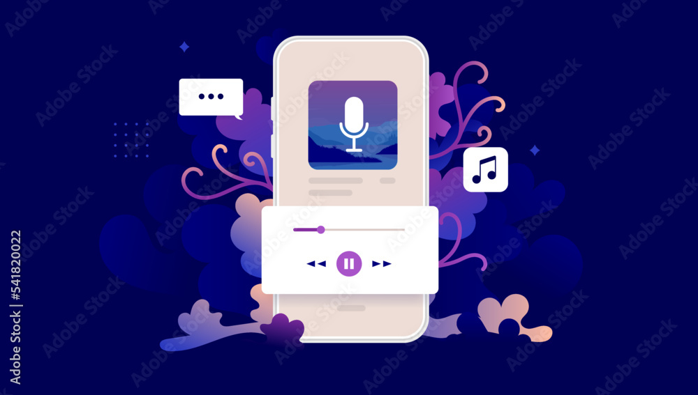Poster podcast on mobile phone screen - smartphone playing audio entertainment with decorative floral desig