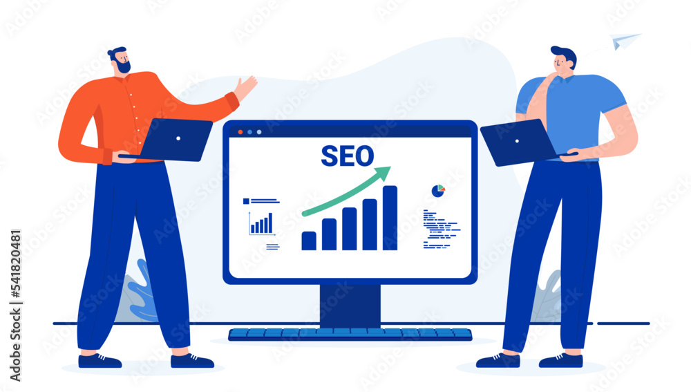 Leinwandbilder seo search engine optimisation - two people working watching rising diagram on computer screen. cart
