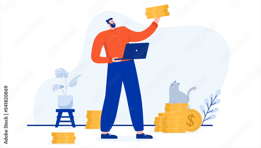 Poster vector person making money - man with computer holding coins in hand getting rich and having financi