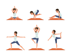 Young Woman Standing in Yoga Pose and Asana on Mat Practicing and Stretching Vector Set