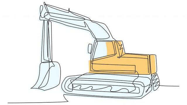 Self-drawing of the excavator in one line on a white screen. The concept of construction equipment with a color silhouette. 4K stock animation of excavator with alpha channel.