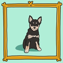 Cartoon inspired pet portrait illustration hand drawn mixed breed Siberian husky puppy dog on solid mint green background inside golden yellow frame