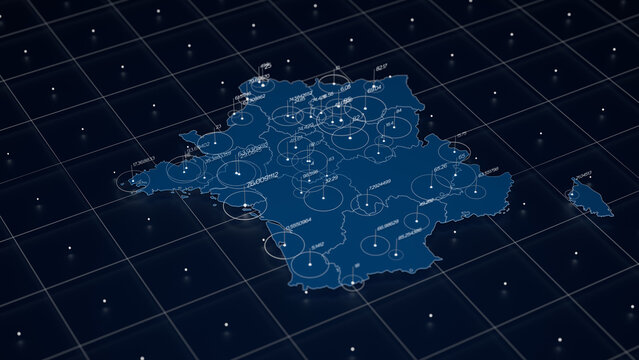 France blue map big data visualization. Futuristic map infographic. Information aesthetics. Visual data complexity. Complex France data graphic visualization. 3d render illustration