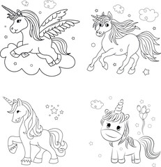 Fototapeta na wymiar Line art unicorn kids set illustration for Children coloring book 