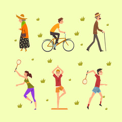 People Characters Doing Sport and Walking in City Park on Green Grass Vector Set