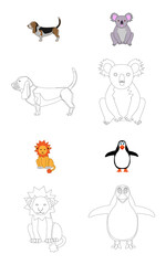 Children's coloring animal dog, lion, koala and penguin