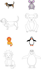 Children's coloring animal dog, lion, koala and penguin for drawing and painting