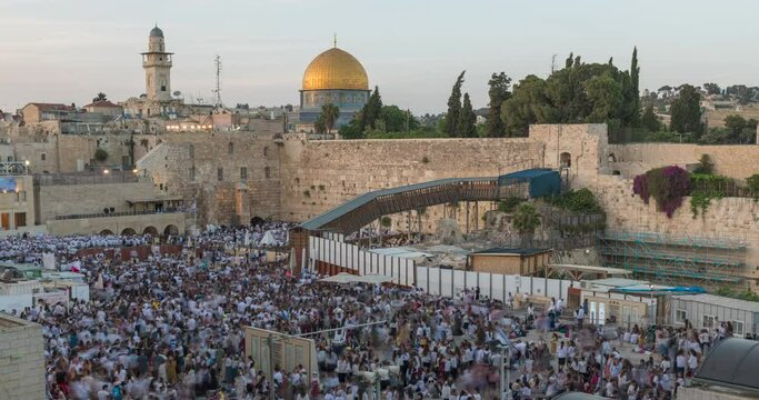 Zoom in Time lapse of The Dome of the Rock on the temple mount, and the western wall in Jerusalem, Israel