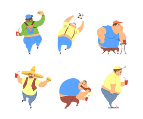 Funny Man Character with Fat Belly Drinking Soda, Playing Football and Eating Greedily Fried Chicken Leg Vector Set