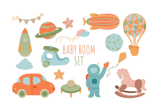 Baby room set. Set of children is transport and space