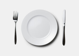 white plate, fork and knife - obrazy, fototapety, plakaty