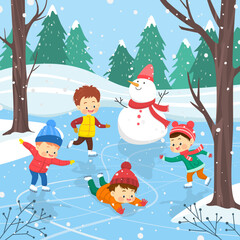 Children ride and play ice skating in the park.