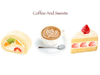 フルーツと生クリームのロールケーキとショートケーキーラテの白バックイラストー手描き素材