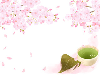 桜の木と花びらーお茶と柏餅の和風イラストセットー手描き素材