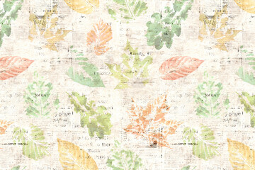 Fototapeta premium Newspaper paper with autumn leaves watercolor traces horizontal background