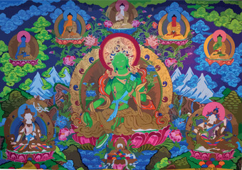 Vector illustration with Green Tara. A symbol of Tibetan Buddhism. Buddha. Vector illustration.