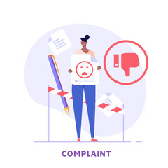 User filling complaint form. Client giving negative feedback at rating scale. Concept of bad review, negative feedback, complaint, dislike. Bad user experience. Vector illustration flat design