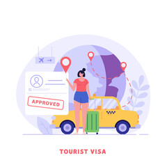 Concept of tourist visa, travel, approved visa, tourist guide. Young woman tourist with guide map visits world attractions and landmarks. Traveling abroad with foreign passport. Vector illustration