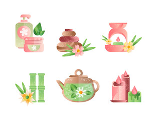 Spa and Aromatherapy with Herbal Tea, Bamboo, Candle and Body Lotion Vector Set