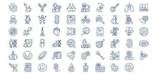 Collection of icons related to Biology and technology, including icons like amoeba, Biochemists, biologist, Cell,  and more. vector illustrations, Pixel Perfect set