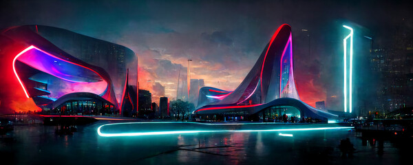 City design with special design, colorful buildings in the new metaverse world, eye-catching architecture of amorphous structures , mall ,  illustration architecture ,  - obrazy, fototapety, plakaty