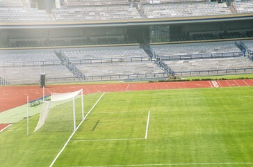 Soccer football goal with green grass in stadium