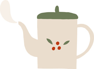 Winter, Christmas tea pot of hot drink. Kettle with cocoa, coffee or tea, png illustration in flat cartoon style. Isolated on transparent background